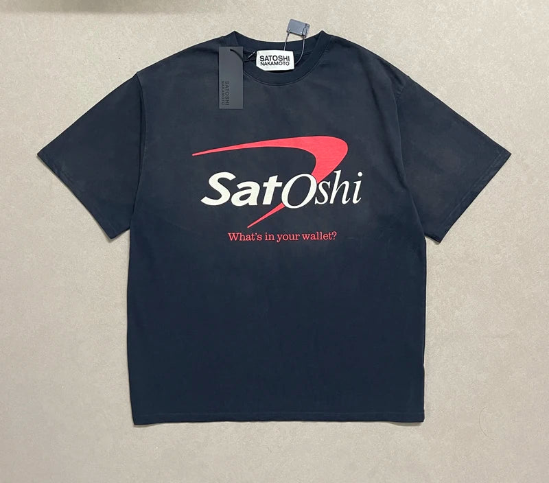 Men Women Washed Black SATOSHI Tshirts Heavy Cotton Flame Skeleton Portrait Oil Painting Colorful Graffiti Letters Short Sleeve - Matrix-studios.com