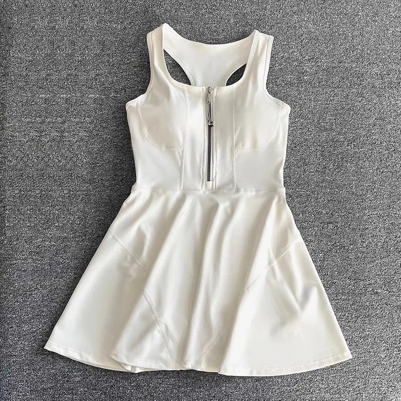 Tennis Skirt Casual Half Zipper Sports Fitness Dress Anti-Running High Waist Slim Golf Yoga Dress - Matrix-studios.com