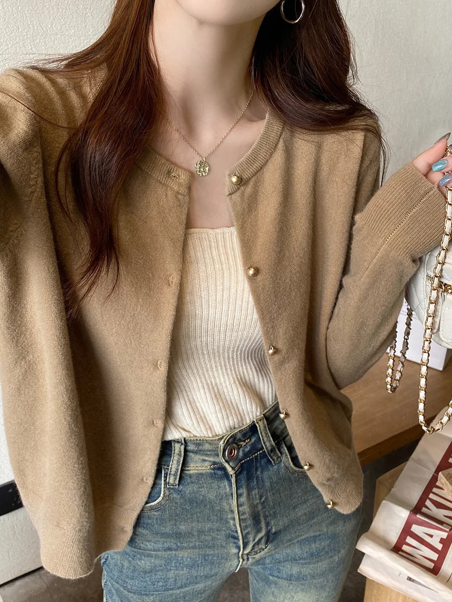 Solid Color Knitted for Women Cardigan Korean Single Breasted Long Sleeve Jumper Woman Round Neck All Match Cardigans Outwear - Matrix Studios