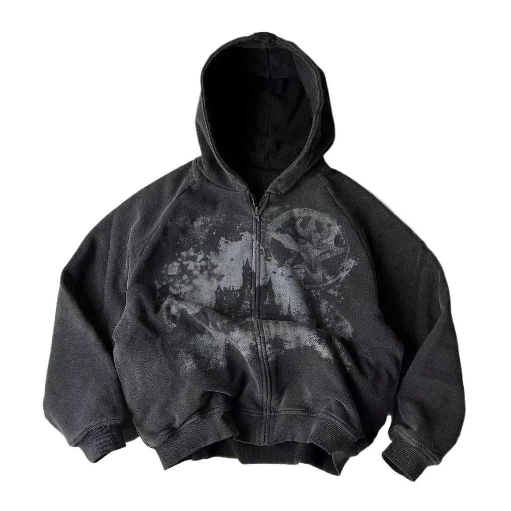 American Y2K New Hip Hop Trend Zipper Hoodie Women Street Casual Loose Joker Vintage Sweatshirt Unisex Fleece Padded Warm Hoodie