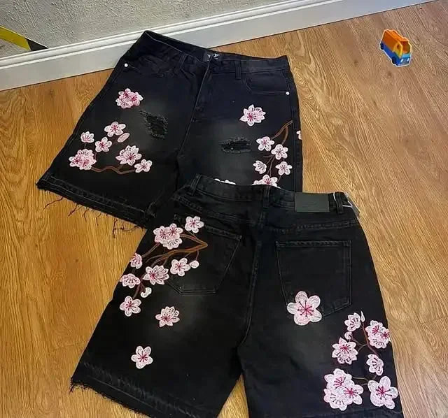 Y2k Cherry Blossom Embroidered Denim Shorts Mens Womens Gothic Harajuku Retro Loose Casual Denim Shorts Fashion Punk Streetwear