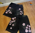 Y2k Cherry Blossom Embroidered Denim Shorts Mens Womens Gothic Harajuku Retro Loose Casual Denim Shorts Fashion Punk Streetwear
