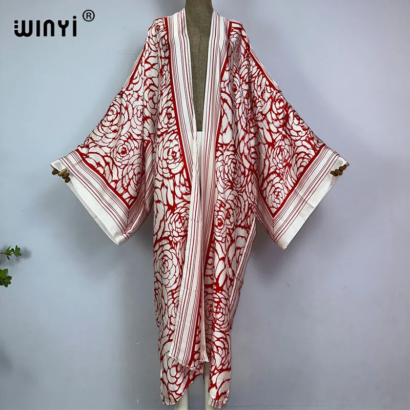 WINYI Kimono Africa Summer Boho Print Bikini Cover-up Elegant Fashion Cardigan Sexy Holiday Long Sleeve Silk Feeling Maxi Dress - Matrix Studios