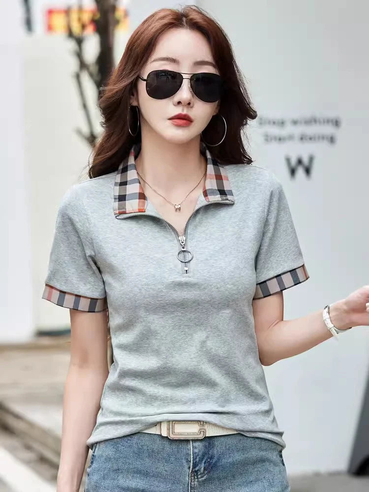 New Women Summer Cotton Polo T-shirt Fashion Button Plaid Turn-down Collar Short Sleeve Slim T-shirt Simplicity Casual Tees Tops - Matrix-studios.com