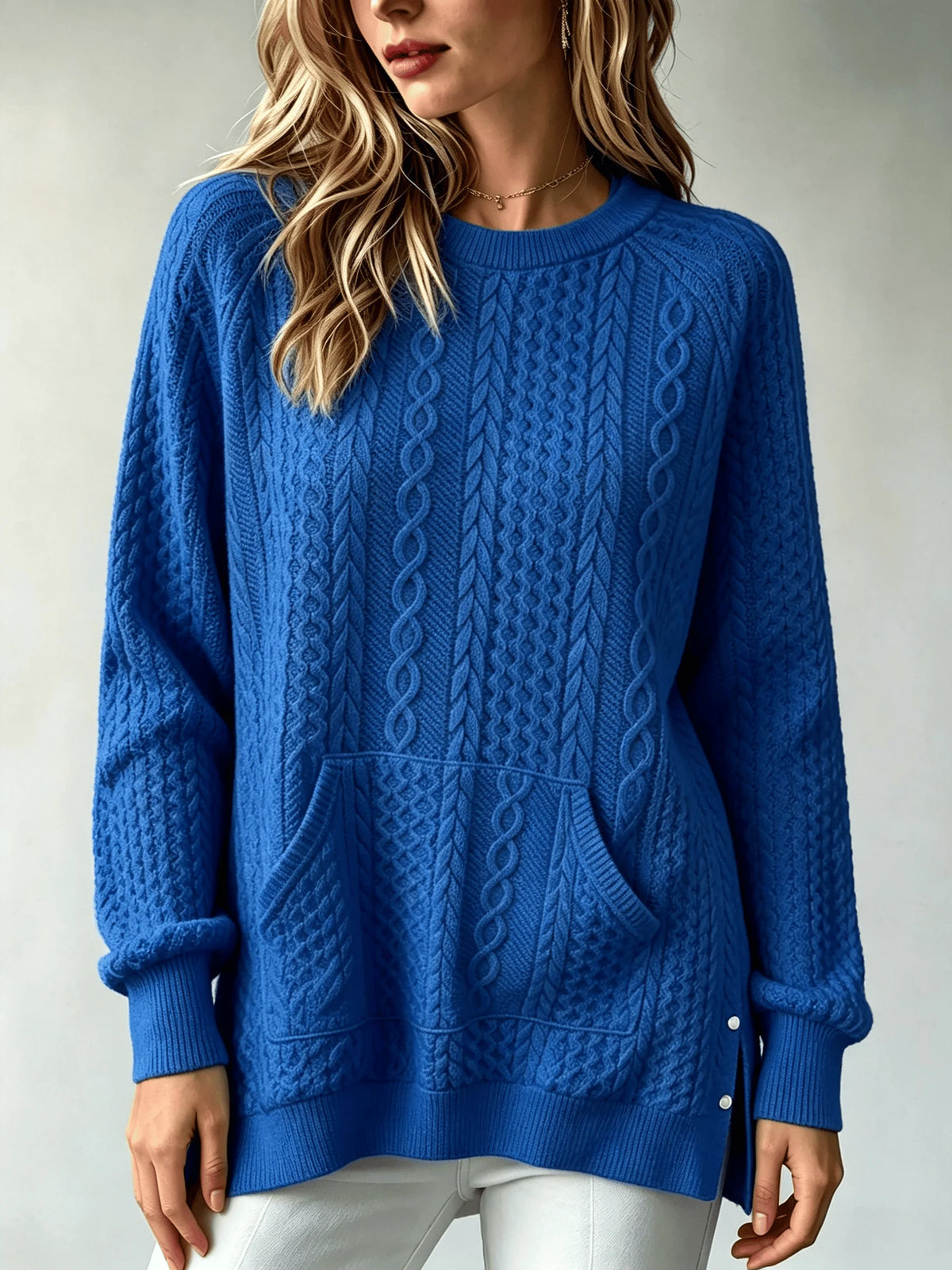 Women Cable Knit Sweater With Kangaroo Pocket Long Sleeve Crew Neck Loose Pullover Sweaters Casual Oversized Fall Winter Jumper For Ladies - Matrix Studios