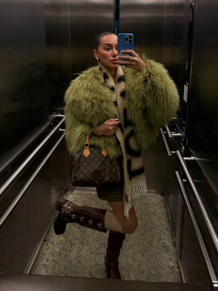 Solid Fluffy Woolen Faux Fur Jacket Women Fashion Turn Down Collar Long Sleeve Loose Coats Lady Winter Daily Street Outwears - Matrix Studios