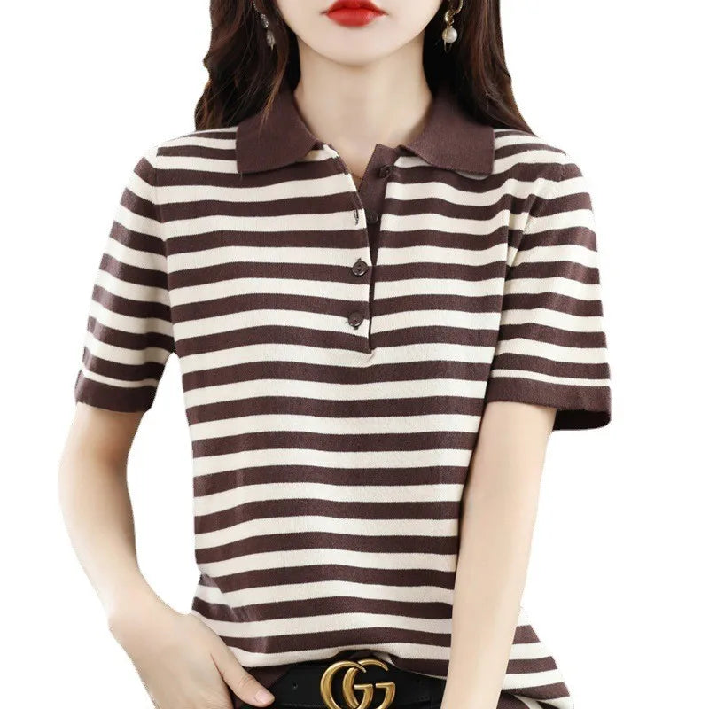 Summer 100% Cotton T-shirt Women Striped Clothing Korean Style POLO Neck Short Sleeve T-shirts Woman Fashion Casual Basic Tops - Matrix-studios.com