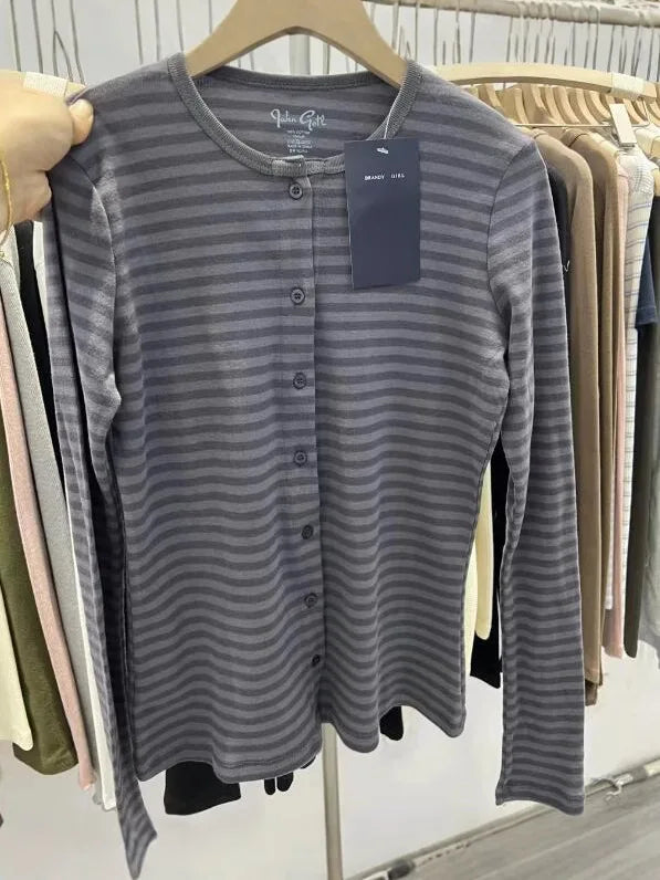 Pink Striped Slim Long Sleeve Tees Women Spring Casual Cotton O-neck Tshirt New Tops Clothes Sweet Cute  Vintage T-shirts Y2K - Matrix-studios.com