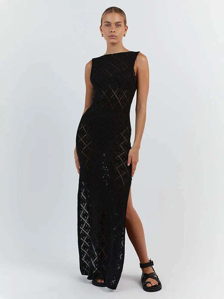 Sexy Cut Out Slit Knit Mesh Swimsuit Cover Up Pareo Tunic 2026 Summer Beach Maxi Dress Bikini Cover-ups Women Beachwear A2318 - Matrix Studios