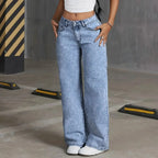 Women's Back Pocket Bow Embroidered Fashionable Wide Leg Pants Versatile Washed Denim Trousers - Matrix-studios.com
