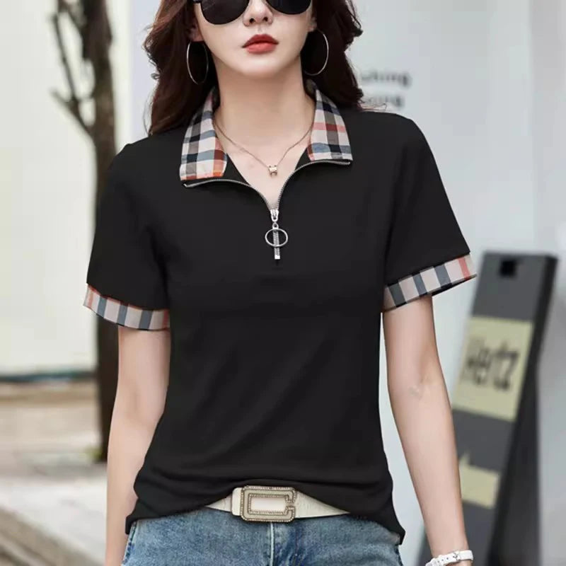 New Women Summer Cotton Polo T-shirt Fashion Button Plaid Turn-down Collar Short Sleeve Slim T-shirt Simplicity Casual Tees Tops - Matrix-studios.com