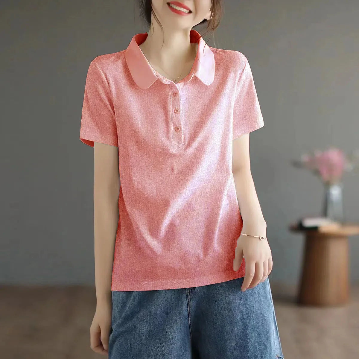 Summer solid color college style sport polo shirt new shirt collar short sleeved T-shirt for women - Matrix-studios.com