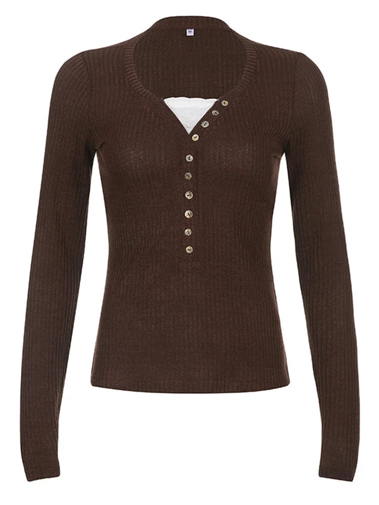 Women Button Front Knit Tops Long Sleeve Lace Patchwork Slim Fit Sweater Fall Fairy Grunge Gothic Y2K Clothes - Matrix Studios