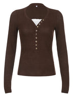 Women Button Front Knit Tops Long Sleeve Lace Patchwork Slim Fit Sweater Fall Fairy Grunge Gothic Y2K Clothes - Matrix Studios