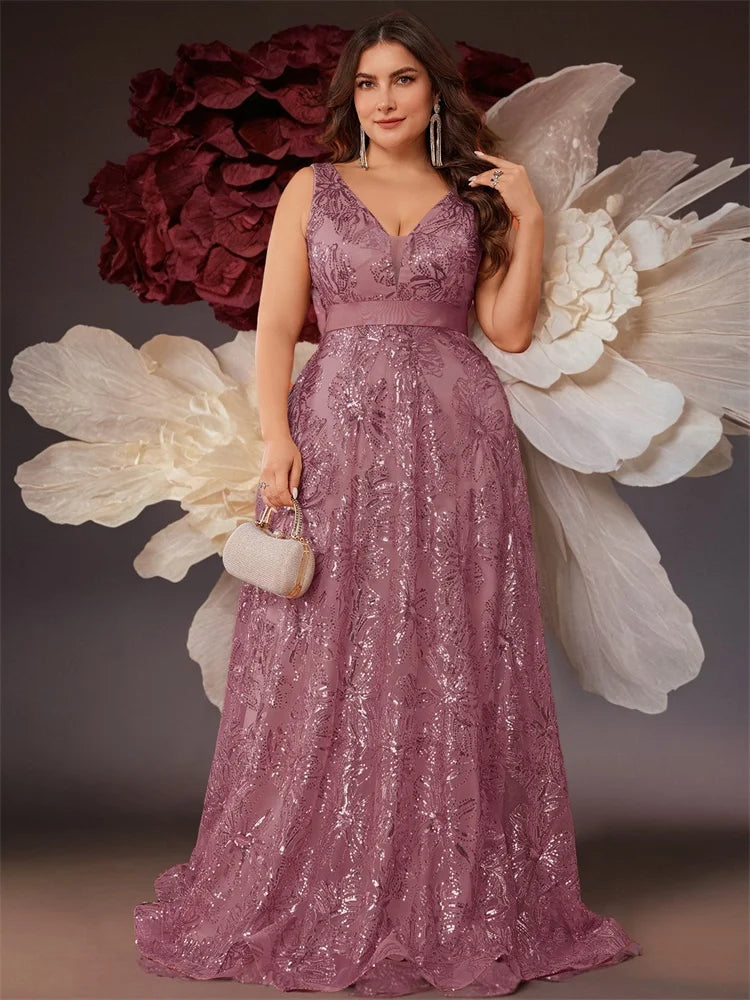 Plus Size Luxury Deep V-Neck Sequins Blue Evening Dress Women Elegant V-back Wedding Party Long Prom Cocktail Dresses - Matrix Studios