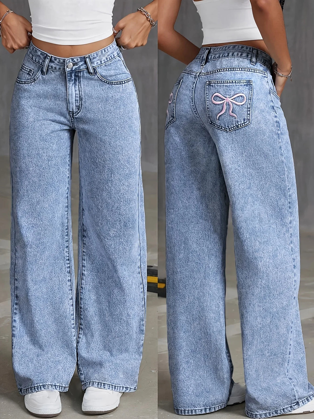 Women's Back Pocket Bow Embroidered Fashionable Wide Leg Pants Versatile Washed Denim Trousers - Matrix-studios.com