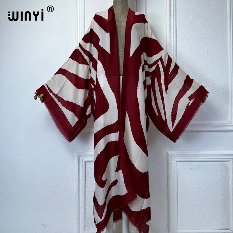 WINYI Kimono Zebra Print Cardigan Abaya Dubai Luxury Elegant Beach Outfits Long Coat Women Sexy Cotton Feeling Dress Kaftan - Matrix Studios