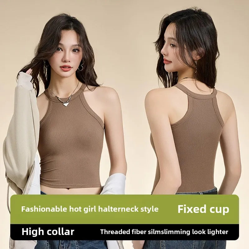 Threaded Halter Neck Camisole Top With Build-in Bra High Elastic Slim-fitting Sling Fixed Cup Breathable Women Underwear - Matrix-studios.com