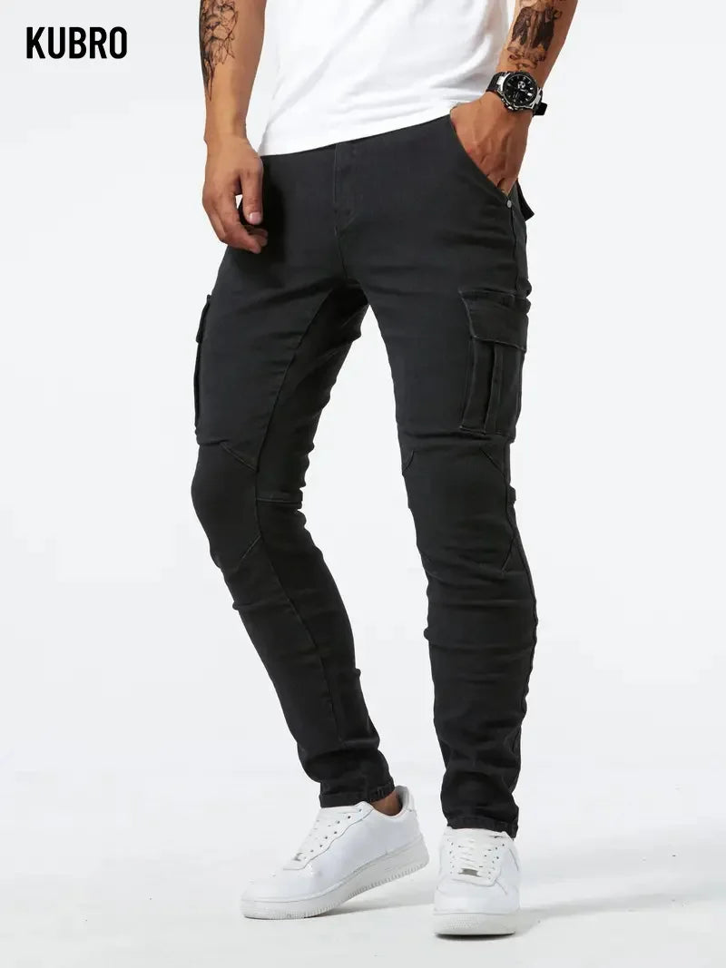 Street Elastic Jeans Men Denim Cargo Pants Wash Solid Color Multi Pockets Casual Mid Waist Trousers Slim Fit Daily Wear Joggers - Matrix Studios