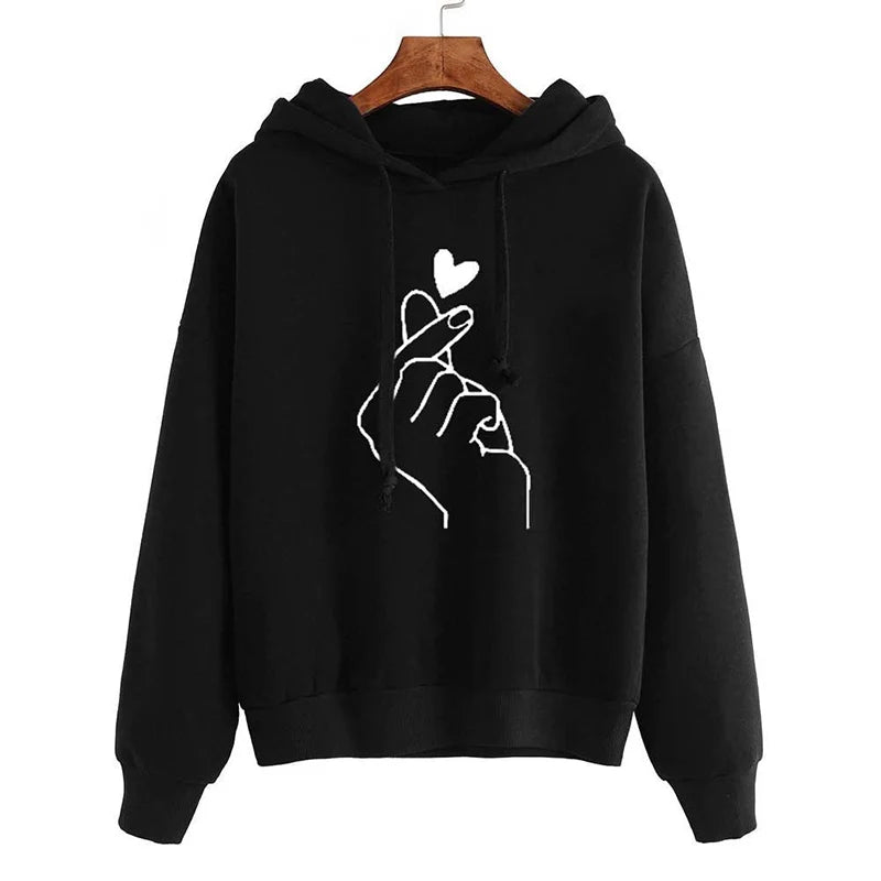 Autumn Fleece Hoodie Solid Color Finger Heart Hooded Korean Fashion Sweatshirts Long Sleeve Top Drawstring Pockets Loose Hoodies - Matrix-studios.com
