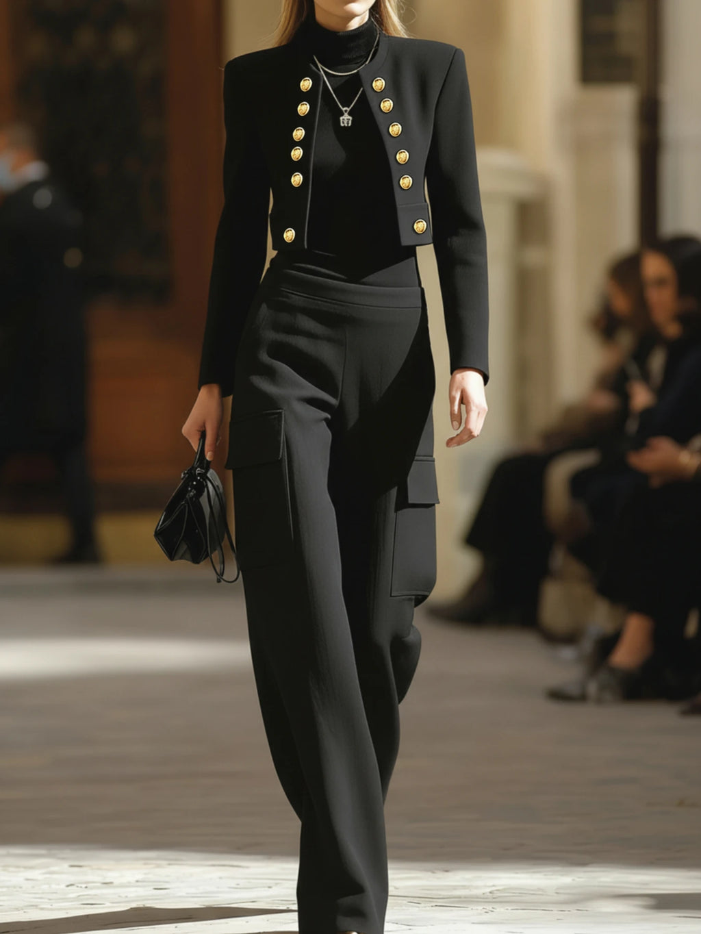 Gold Button Stand Collar Cropped Jacket And High Waist Cargo Wide Leg Pants Two Piece Matching Suit For Women Fashion Daily Office Outfit Set - Matrix-studios.com