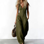 Sleeveless V-neck Buttoned Pocket Solid Color Loose Commuting Pocket Jumpsuit Women Summer New Beach Vacation All-match Jumpsuit - Matrix Studios