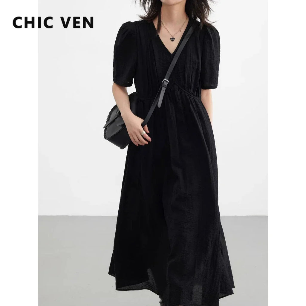 CHIC VEN Women Dresses French Style Vintage V-neck Puff Sleeve Long Dress Solid Black Loose Female Clothing Summer New 2023 - Matrix-studios.com