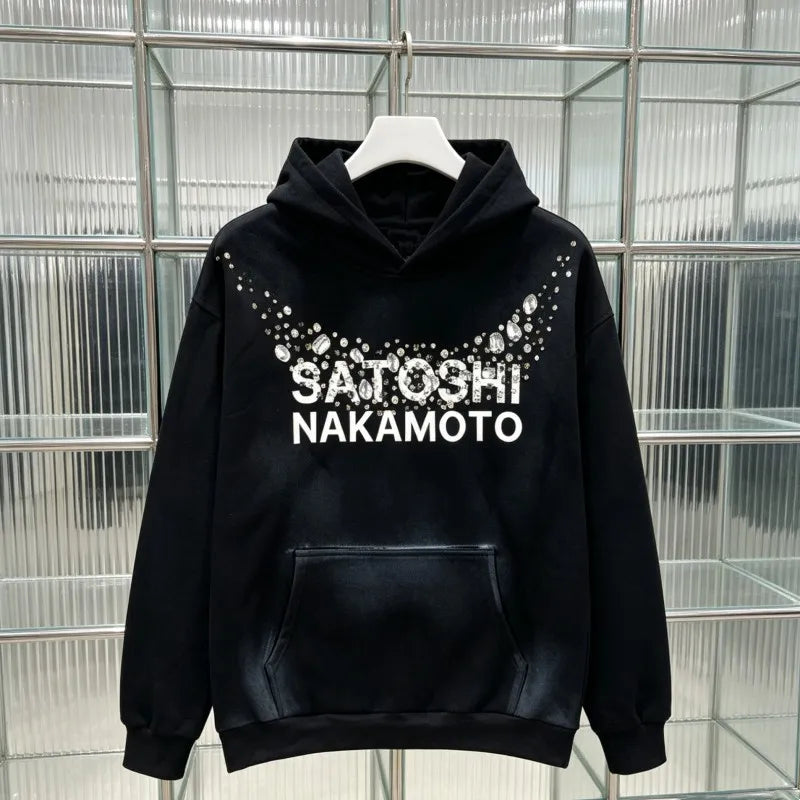 Oversize Balck Satoshi Hoody Retro Spray Dirty Rhinestone Button Stud Necklace Logo Hooded Sweatshirts  2XL Men Women Streetwear - Matrix-studios.com