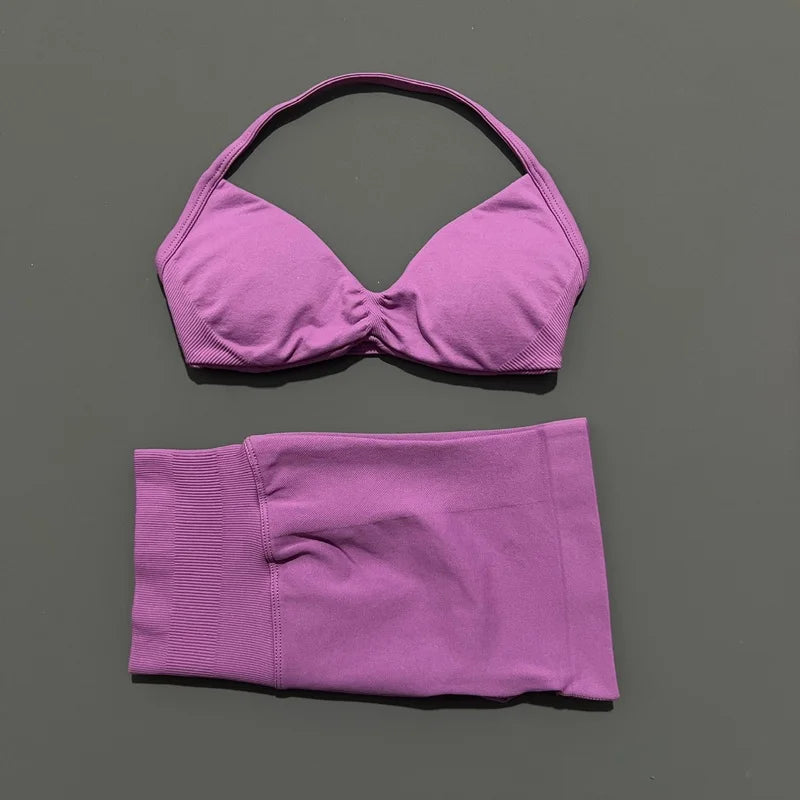 HISTELLO Gym Set 2 Piece Women Strappy Yoga Bra Top Workout Scrunch Shorts Sports Suit Fitness Clothes Seamless Yoga Set - Matrix-studios.com