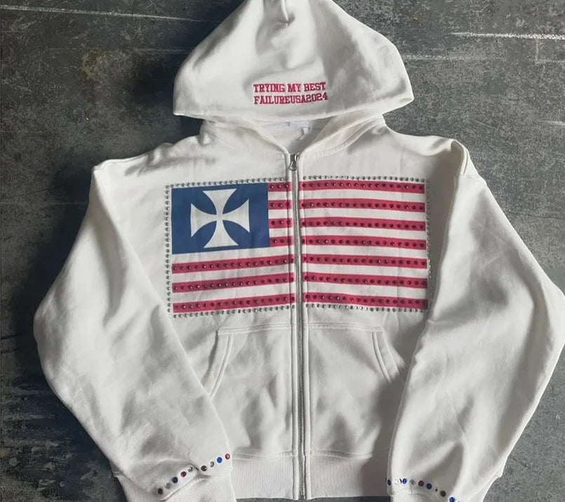 Autumn and Winter New Minimalist Design Color Collision Pattern Women Hooded Sweatshirt Harajuku Y2K Loose Zipper Sweatshirt - Matrix Studios