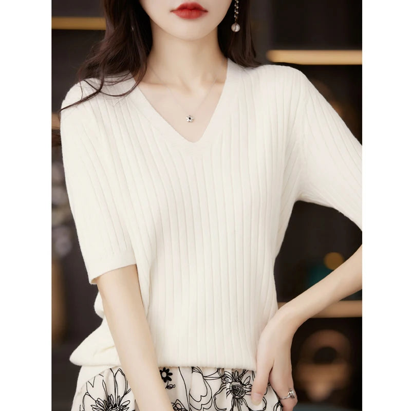 Women's Sweater Spring Summer Short Sleeve V-neck Knit Shirt Casual Korean Pullovers Stripe Bottoming Shirt Slim Fit Jumpers - Matrix Studios