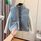 Autumn Winter Gray Cotton Vest Women Thick Warm Sleeveless Coat Outerwear 2025 New Chic Stand-up Collar Cotton Padded Waistcoat - Matrix Studios