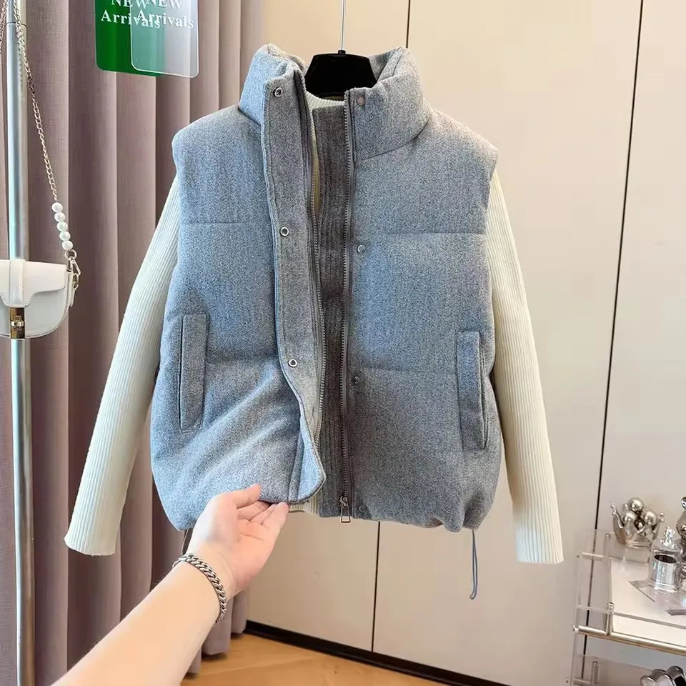 Autumn Winter Gray Cotton Vest Women Thick Warm Sleeveless Coat Outerwear 2025 New Chic Stand-up Collar Cotton Padded Waistcoat - Matrix Studios