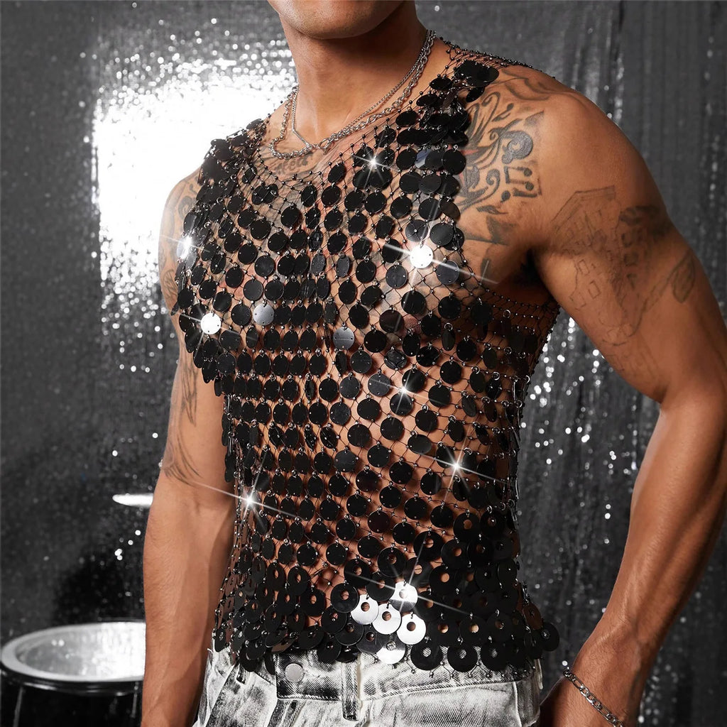 Sparkling Diamond Cut-Out See-Through Vest For Men - New Summer Style Sexy Nightclub Party Fishnet Beaded Outerwear Top - Matrix Studios