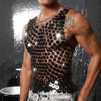 Sparkling Diamond Cut-Out See-Through Vest For Men - New Summer Style Sexy Nightclub Party Fishnet Beaded Outerwear Top - Matrix Studios