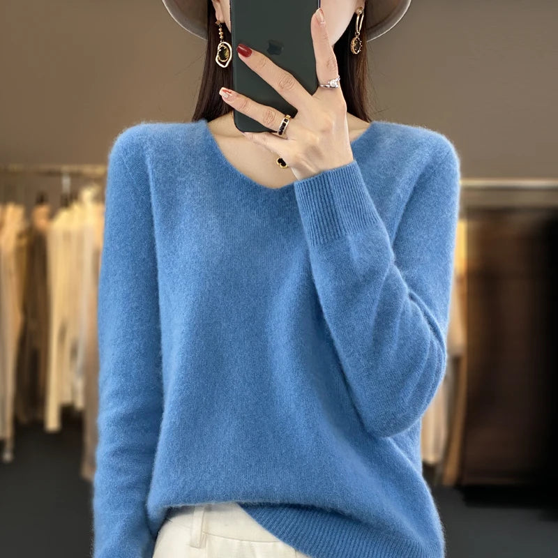 100% pure wool cashmere sweater women's V-neck pullover casual knit top autumn and winter women's coat Korean fashion - Matrix Studios