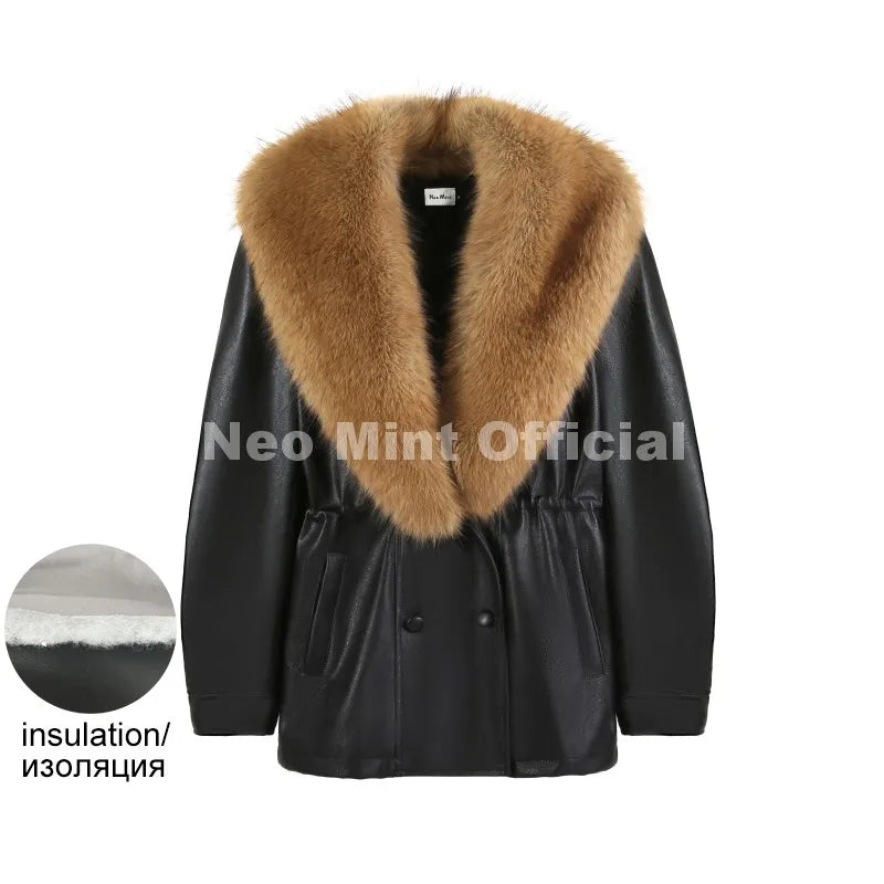 Neo Mint Luxury Brand Fashion Design Black Long Faux Leather Coat Women Detachable Fur Collar Oversized PU Leather Jacket Blazer - Matrix Studios