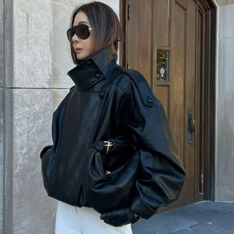 HXAO Black Jacket Women's Coat Faux Leather Jacket Outerwears Demi-Season Bomber Moto Biker Zipper Jacket High Neck Short Coat - Matrix Studios
