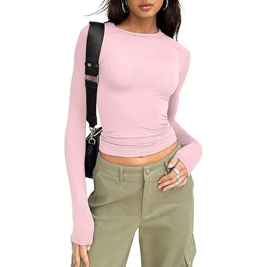 1pcs Four Seasons Fashion Senior Women T-shirt Long Sleeve Crew Neck Solid Slim Fit Tee Ladies Crop Top  Daily Streetwear Camis - Matrix-studios.com