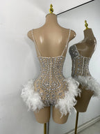 Luxury Women Sexy Shiny Crystal Feathers Hollow Out Bodysuit Nightclub Performance Dance Costume Nightclub Singer Stage Wear - Matrix Studios