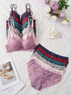 6-Piece Set Women's Bra and Panties Set Sexy Patterned Lace Patchwork No Lining Comfortable Fitting Women's Push-Up Bra Women's Underwear Set - Matrix-studios.com