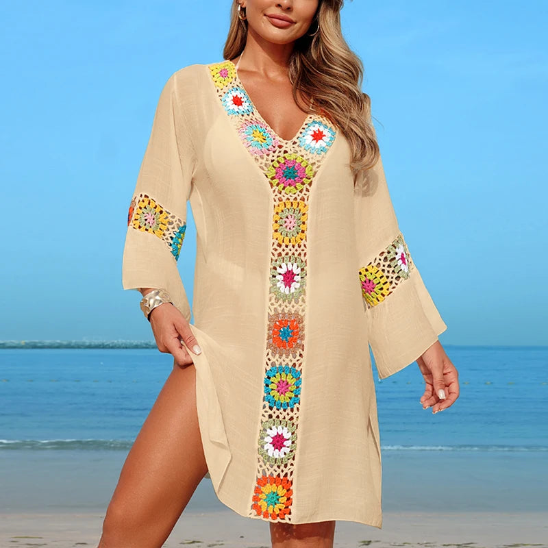 Hand Crochet Multicolour Flower Block Beachwear Cover Up Beach Vacation Casual See-Through Midi Dress Breathable Sunscreen Smock - Matrix Studios