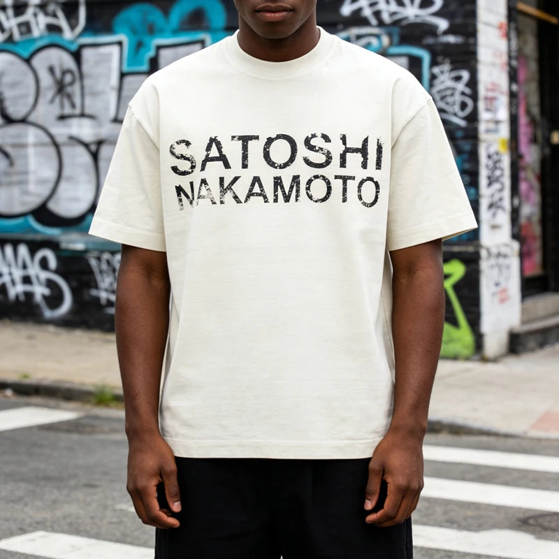 High Street Fashion Brand Satoshi Nakamoto Classic Letter Print Trendy Casual Washed Vintage Short-Sleeve T-Shirt Summer Top - Matrix-studios.com