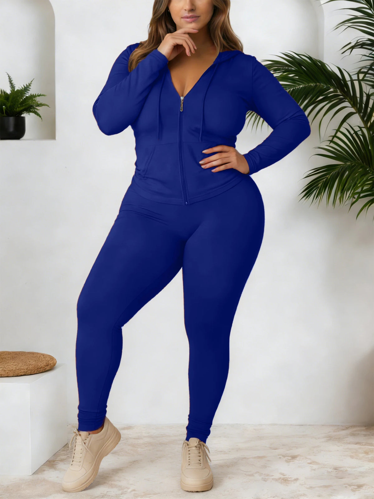 Gentle Soft Solid Color Curvy Athleisure Suit, Zip Hoodie Tracksuit Complete With Joggers, Comfortable Casual Streetwear, Versatile All Seasons Oversized Matching Set For Yoga Daily Party - Matrix-studios.com