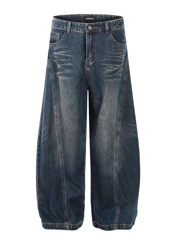 Vintage Black Washed Baggy Jeans Pants Men Wide Leg Curved Blade Pants Streetwear Cowboy Casual Denim Straight Trousers - Matrix Studios