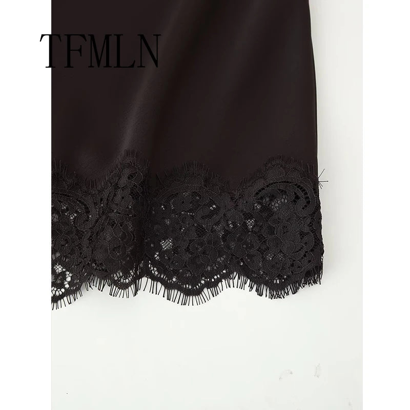 TFMLN Elegant Lace Splice Satin Half Skirt Women's Fashion Wrap Around Long Skirt High Quality Feel New 2025 Style - Matrix-studios.com