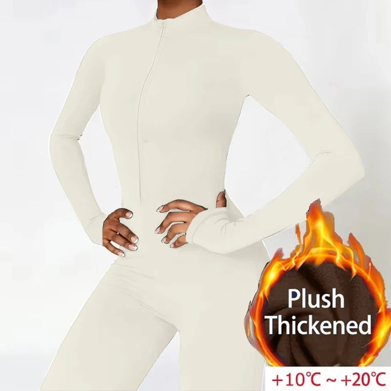 Warm Plush Sports Jumpsuits Women's Tracksuit One-Piece Fitness Suit Winter Gym Sets Long Sleeves Black Exercise Bodysuit Woman - Matrix Studios