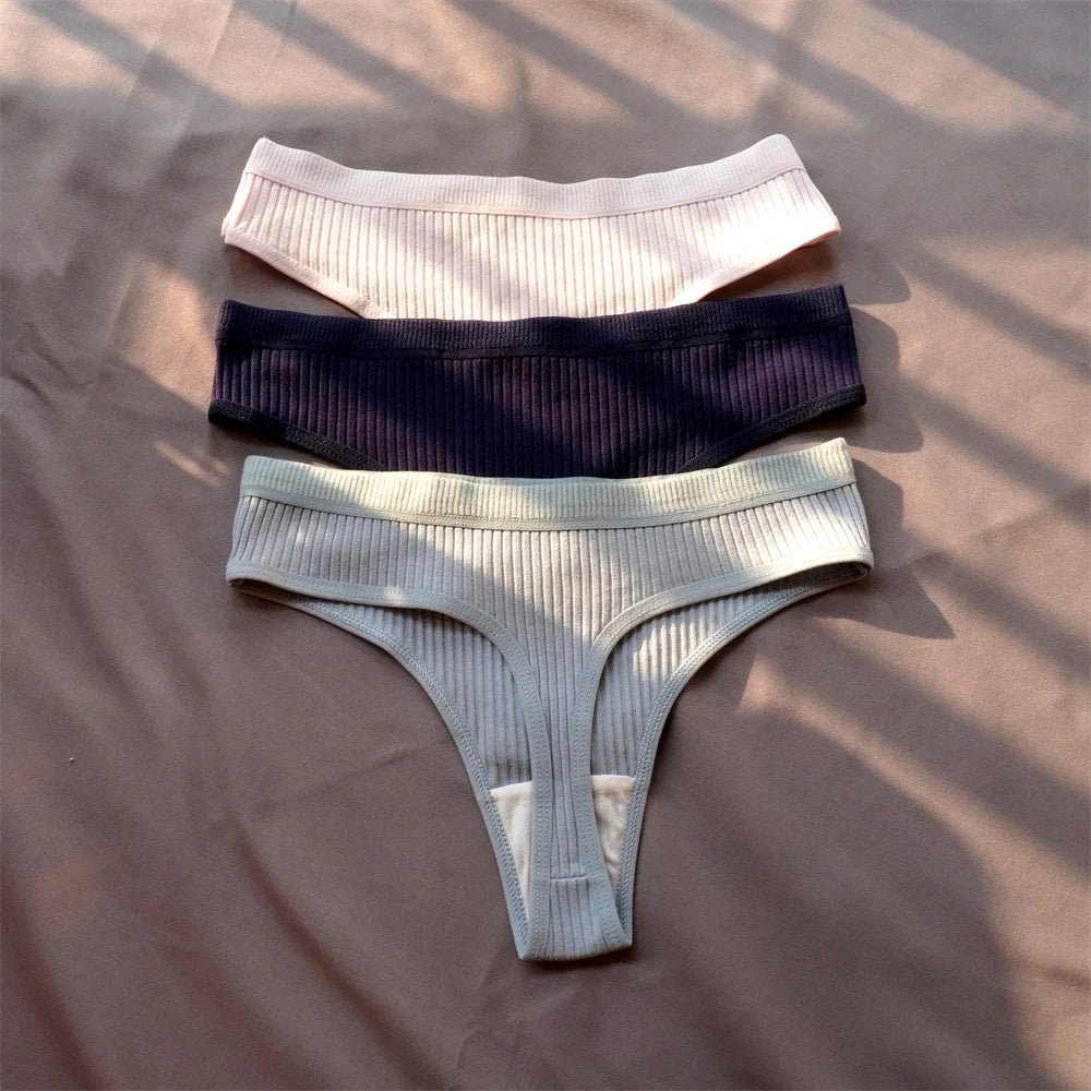 3 Pcs Seamless Ladies Ribbed Cotton Thong Simple Women's Low Waist Bikini Briefs Sports Girls Underwear Plus Size - Matrix Studios