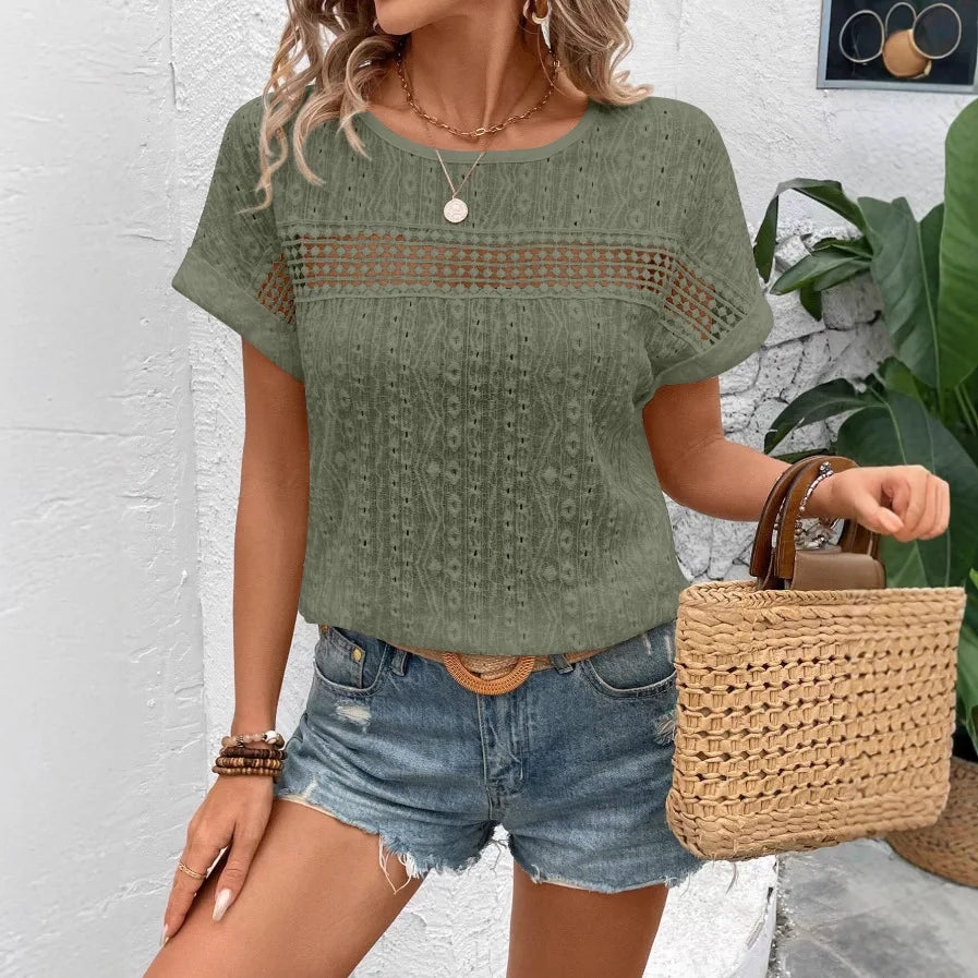 Women's Summer Blouse Fashion Elegant Short Sleeve Hollow Out Shirts Casual Solid O-Neck Loose Shirt Plus Size Tops 2025 Clothes - Matrix-studios.com