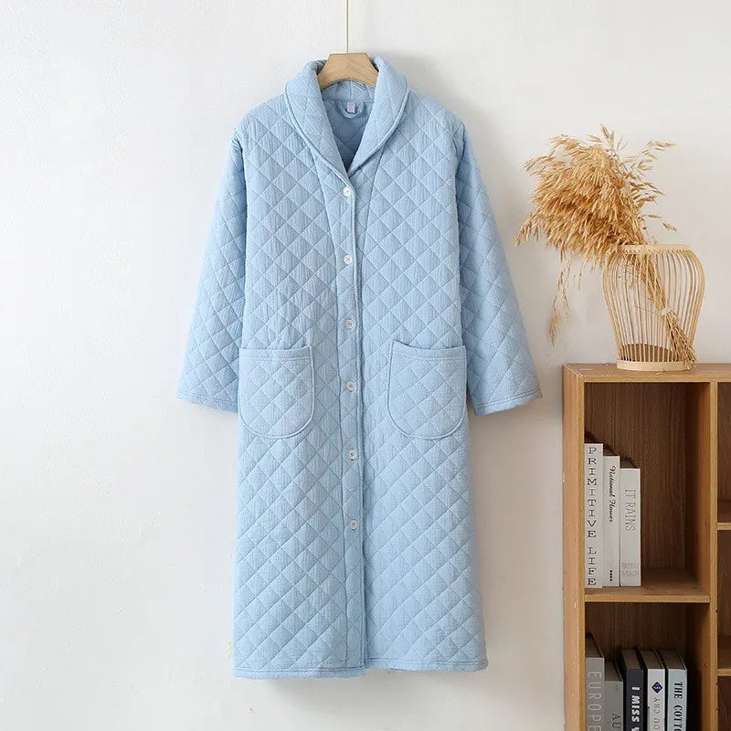 Autumn Winter Women Warm Cotton with Filler Robe Ladies Bathrobe Female Long Sleeve Dressing Gown Robes Simple Home Clothes - Matrix-studios.com
